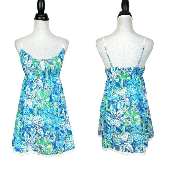 Lilly Pulitzer Blue & Green Tropical Floral Eyelet Lace Cotton Mini Dress - Picture 1 of 9